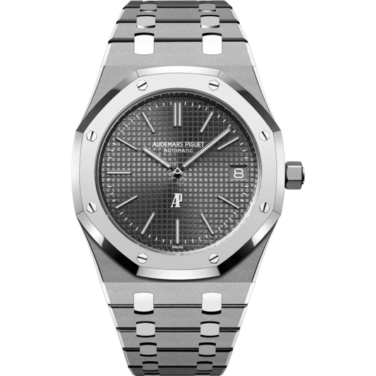 Royal Oak Jumbo Extra-Thin 39MM Sandblasted Titanium Bracelet Dark Gray Dial With Petite Tapisserie Pattern Sandblasted Titanium Case