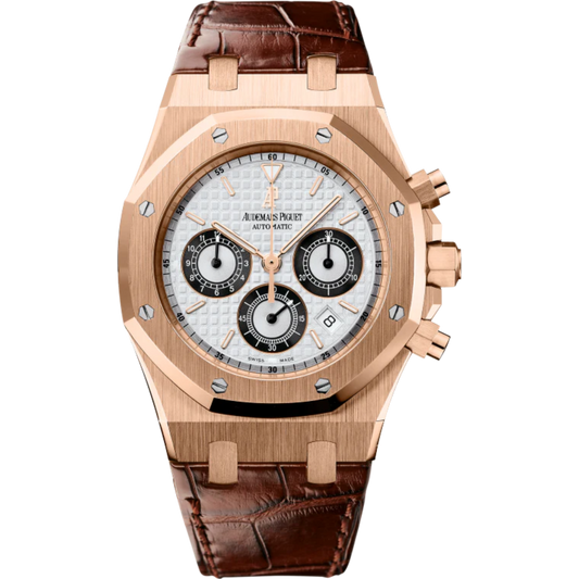 Royal Oak Chronograph 39MM Brown Alligator Strap Silver-Toned Dial With Grande Tapisserie Pattern 18-Carat Pink Gold Case