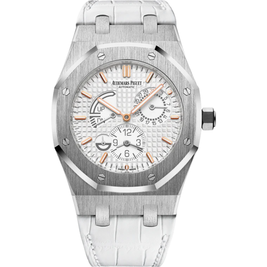 Royal Oak Dual Time 39MM White Alligator Strap Silver-Toned Dial With Grande Tapisserie Pattern Stainless Steel Case