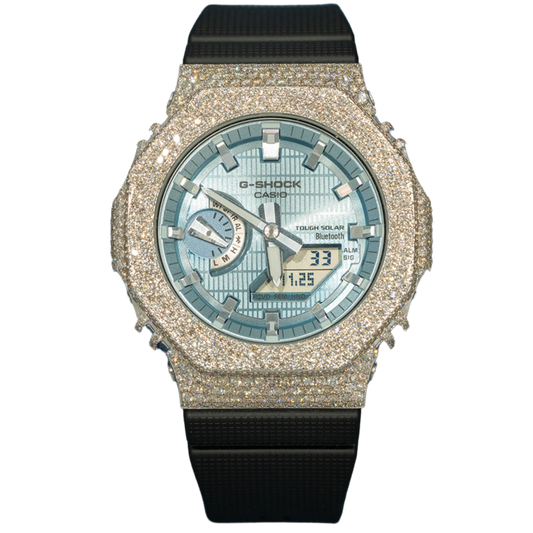 Casio GShock GM2100 White Gold Blue Motif Dial Bussdown Honeycomb Setting - 8.20 cts