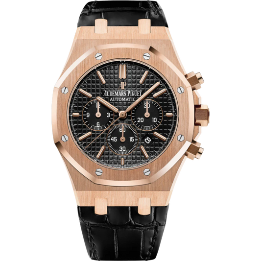 Royal Oak Chronograph 41MM Black Alligator Strap Black Dial With Grande Tapisserie Pattern 18-Carat Pink Gold Case