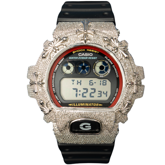 Casio Iced out G Shock Digital White gold with Black/Red dial (Crosses on Bezel CH Style)