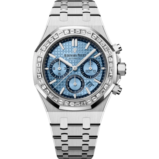 Royal Oak Selfwinding Chronograph 38MM 18-Carat White Gold Bracelet  Light Blue Dial With Grande Tapisserie Pattern 18-Carat White Gold Case Baguette-Cut Diamonds Bezel