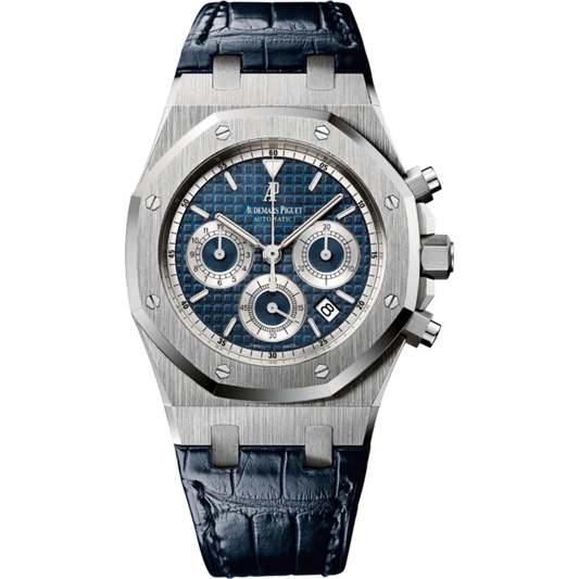 Royal Oak Chronograph 39MM Blue Alligator Strap Blue Dial With Grande Tapisserie Pattern 18-Carat White Gold Case