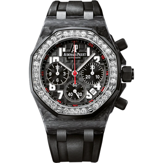 Royal Oak Offshore Chronograph 37MM Black Rubber Strap Black Dial With Méga Tapisserie Pattern Forged Carbon Case Diamond-Set Black Ceramic Bezel