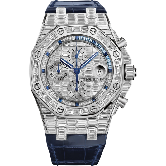Royal Oak Offshore Chronograph 42MM Blue Alligator Strap 18-Carat White Gold Dial Paved With Baguette-Cut Diamonds 18-Carat White Gold Case Entirely Set With Baguette-Cut Diamonds