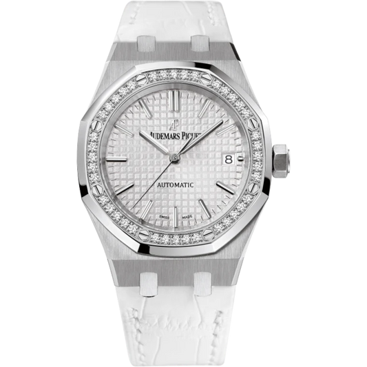 Royal Oak Selfwinding 37MM White Alligator Strap Silver-Toned Dial With Grande Tapisserie Pattern Stainless Steel  Diamond-Set Bezel