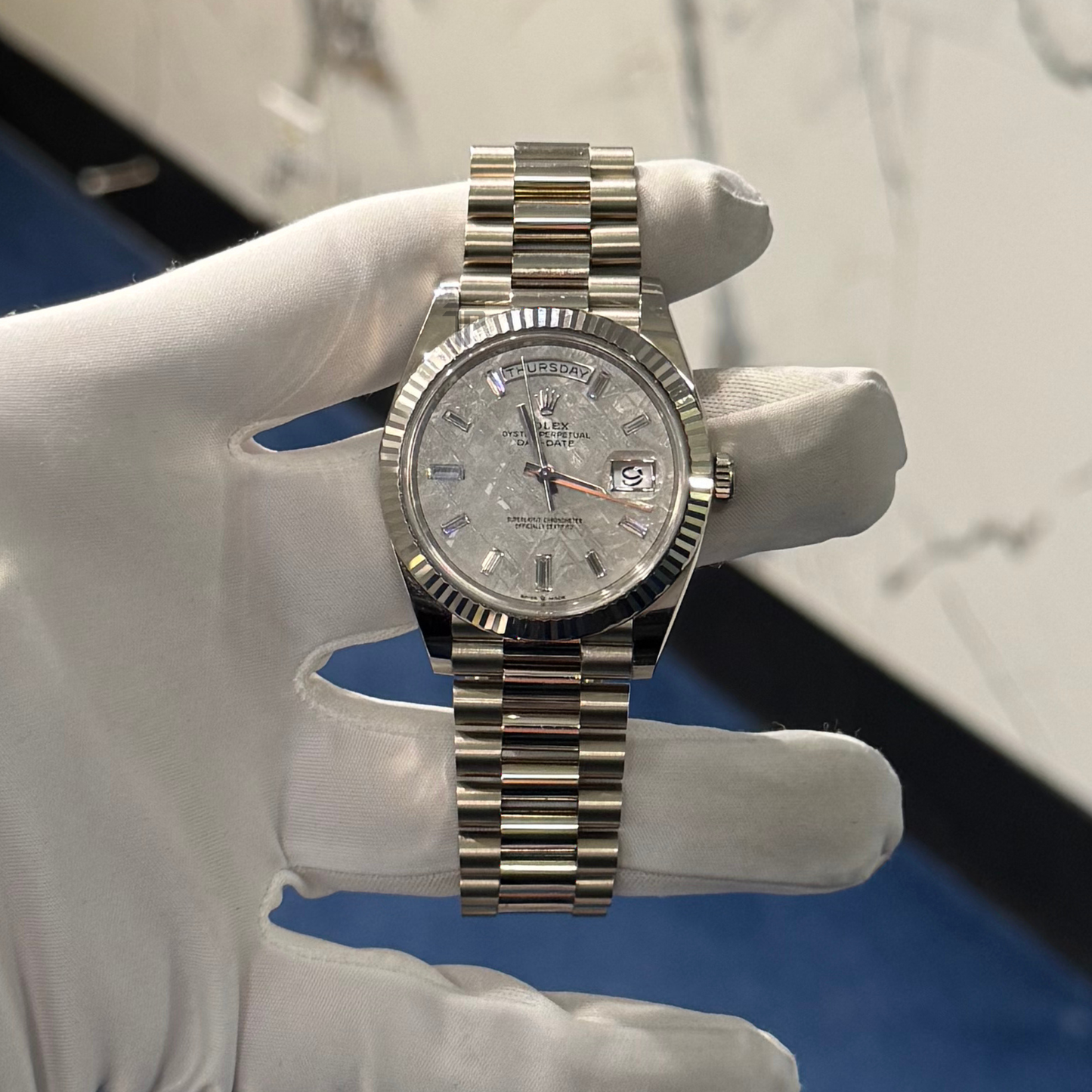 Rolex Day Date Ref. 228239 40MM White Gold Meteorite Dial with Baguette Markers