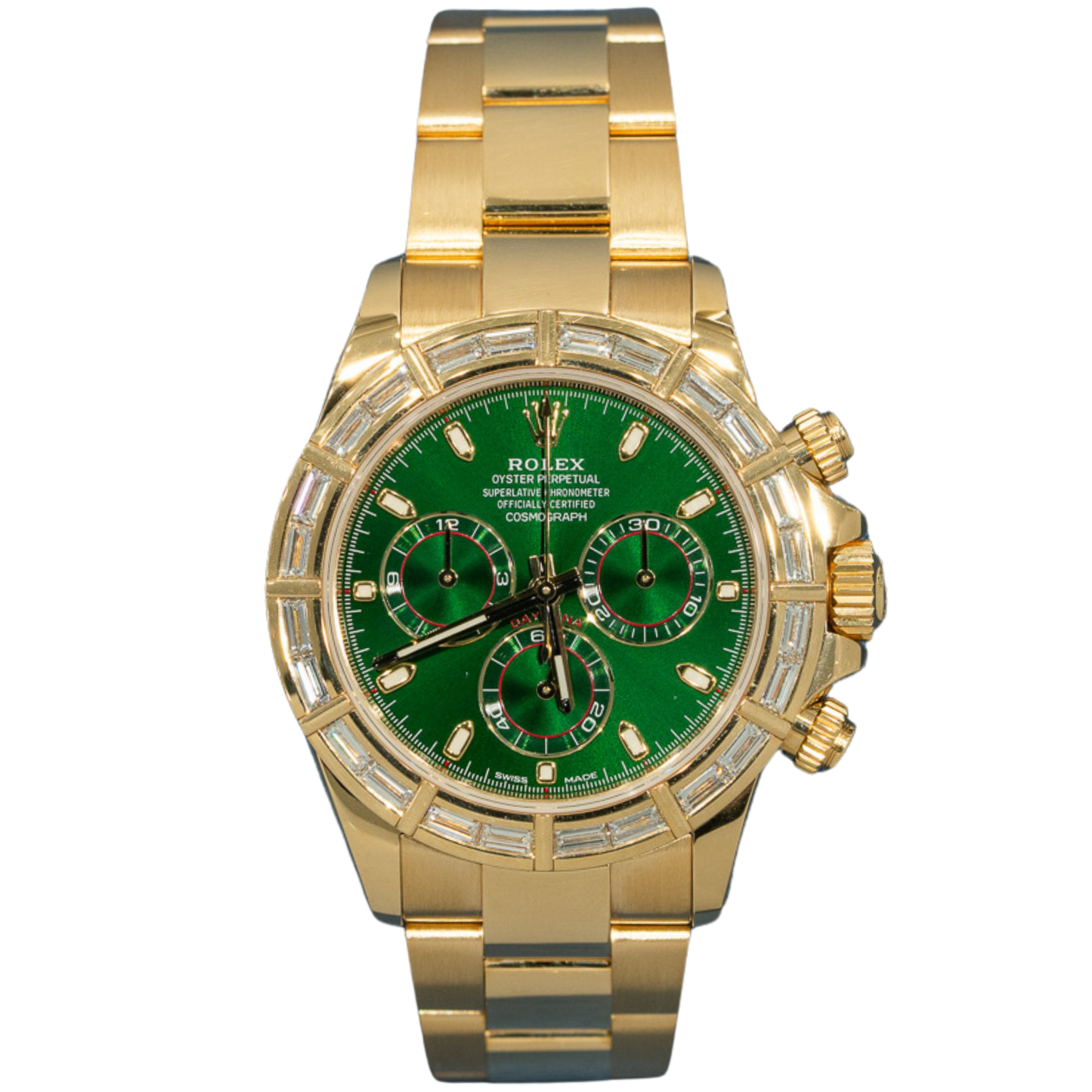 Rolex Daytona Ref. 116568BR Yellow Gold Green Dial Baguette Bezel