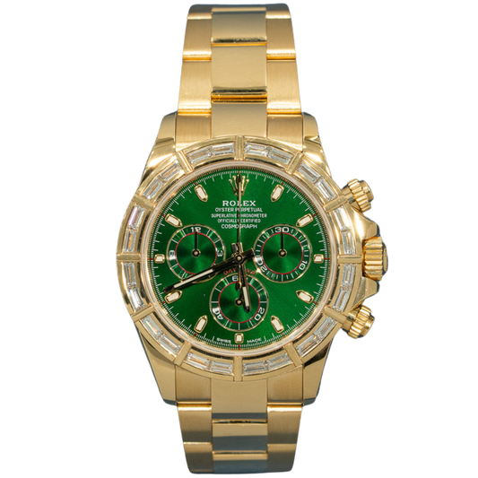 Rolex Daytona Ref. 116568BR Yellow Gold Green Dial Baguette Bezel