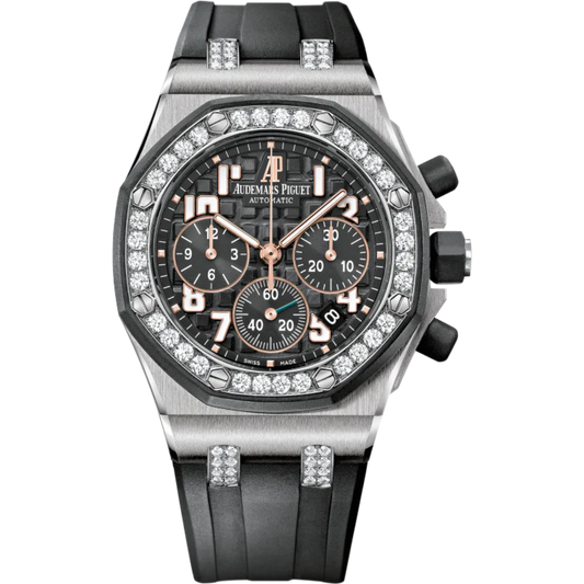Royal Oak Offshore Ladycat Chronograph 37MM Black Rubber Strap Black Dial With Méga Tapisserie Pattern Stainless Steel Case Black Rubber-Clad Bezel Set With Diamonds