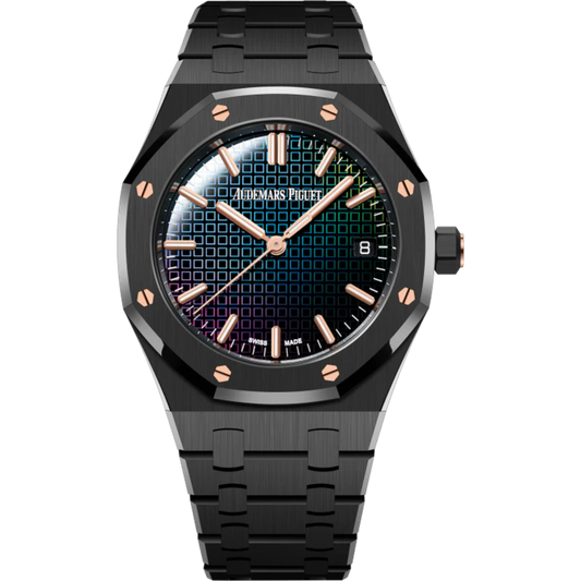 Royal Oak Selfwinding 34MM Black Ceramic Bracelet Rainbow-Coloured Sapphire Dial Tapisserie Geometry Black Ceramic Case
