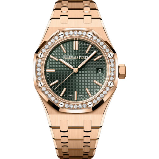 Royal Oak Selfwinding 50th Anniversary 37MM 18-Carat Pink Gold Bracelet Khaki Green Dial With Grande Tapisserie Pattern 18-Carat Pink Gold Case Bezel Set With Brilliant-Cut Diamonds