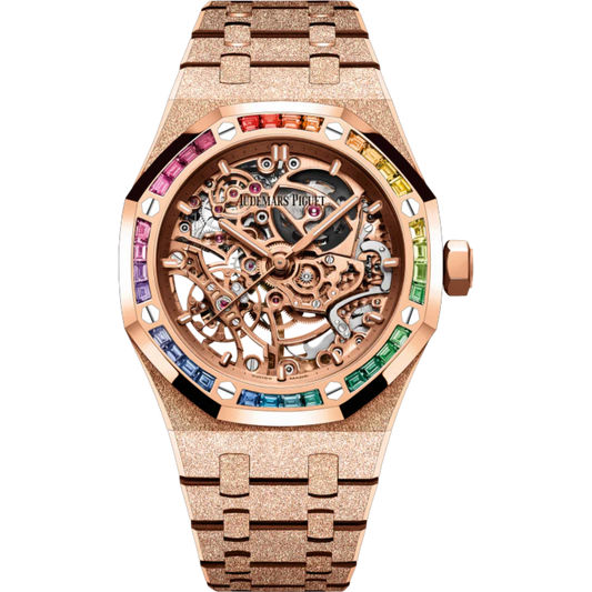 Royal Oak Frosted Gold Double Balance Wheel Openworked 37MM Hammered 18-Carat Pink Gold Bracelet Pink Gold-Toned Openworked Dial Hammered 18-Carat Pink Gold Case Bezel Set With Rainbow Baguette-Cut Multicoloured Gemstones
