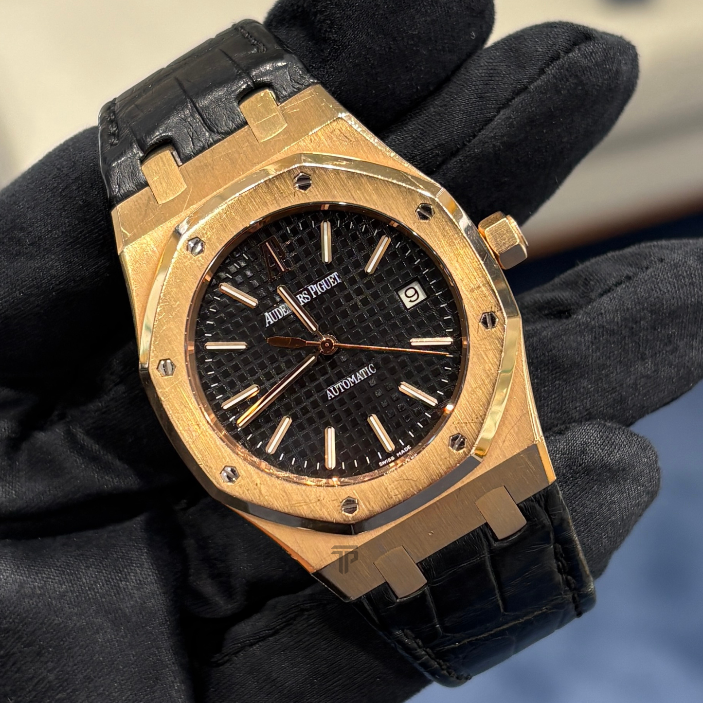 Audemars Piguet Ref. 15300OR.OO.D002CR.01 39MM Rose Gold Black Dial Royal Oak on Leather