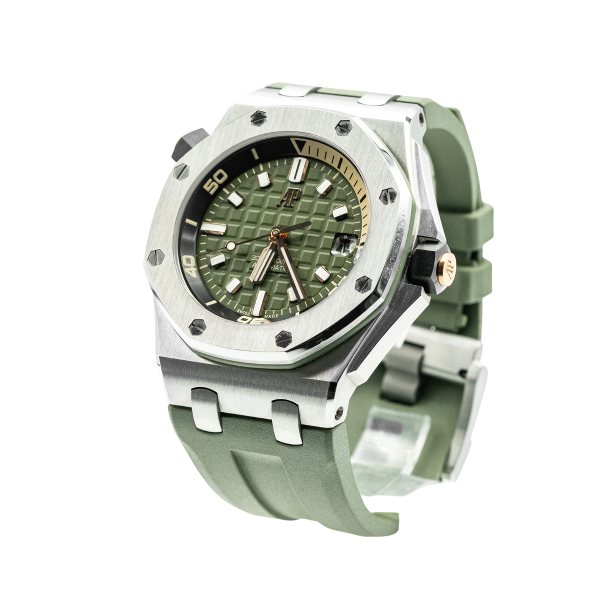 Royal Oak Offshore Diver 42MM Khaki Green Rubber Strap Khaki Green Dial With Méga Tapisserie Pattern Stainless Steel Case