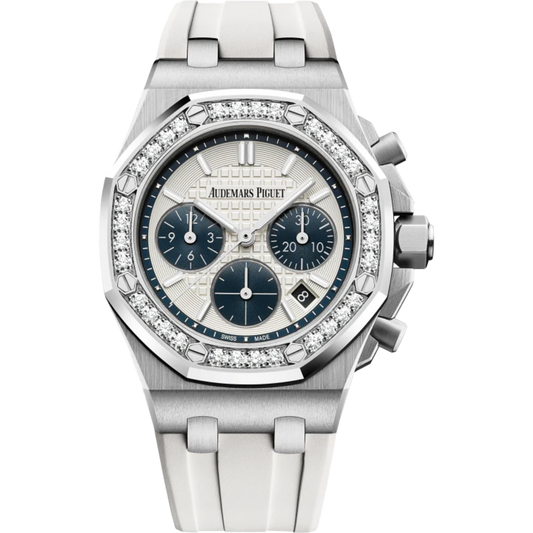 Royal Oak Offshore Selfwinding Chronograph 37MM White Rubber Strap Silver-Toned Dial With Lady Tapisserie Pattern Stainless Steel Case Diamond-Set Bezel