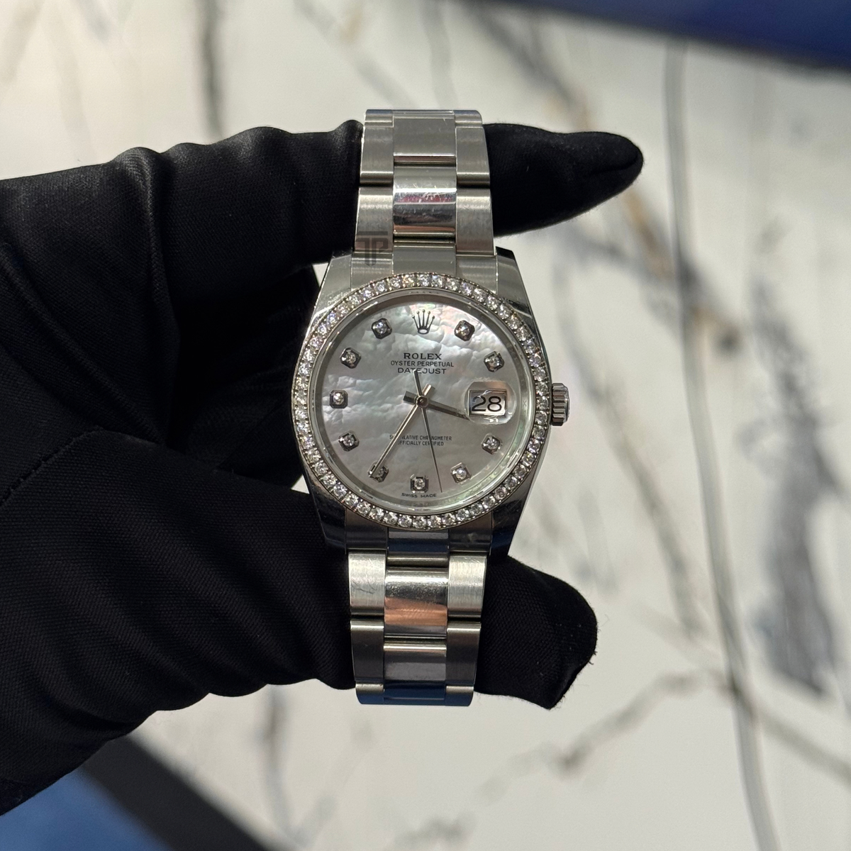 Rolex Datejust Ref. 116244 36mm Stainless Steel Oyster Bracelet White Mother of Pearl Factory Diamond Dial