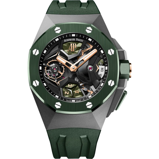 Royal Oak Concept 44mm Flying Tourbillon GMT and Pink Gold Dial with Green Rubber Strap Sandblasted Titanium Case