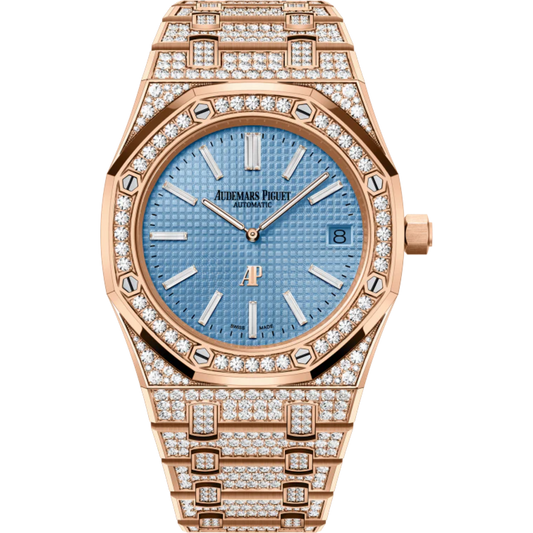 Royal Oak Jumbo Extra-Thin 39MM Diamond-Set 18-Carat Pink Gold Bracelet Light Blue Dial With Petite Tapisserie Pattern 18-Carat Pink Gold Case Set With Brillant-Cut Diamonds