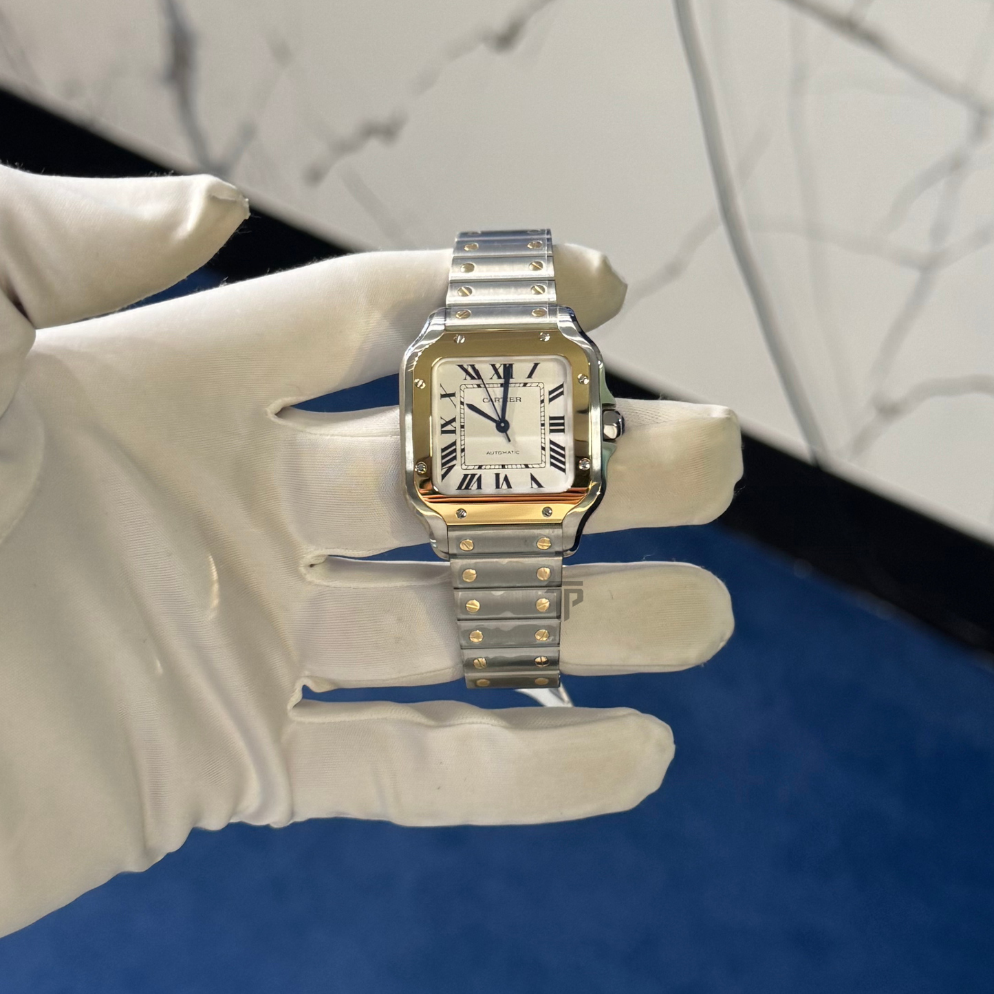Cartier W2SA0016 Med Size Two Tone White Dial Santos
