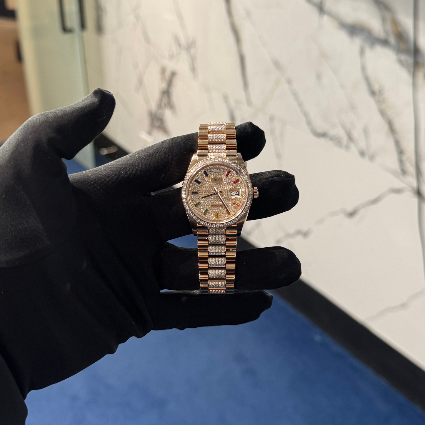 Rolex Day Date Ref. 128345RBR 36mm Rose Gold Pave Rainbow Dial with Pave Bracelet