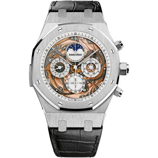 Royal Oak Grande Complication 44MM Black Crocodile Strap Sapphire Dial 18-Carat White Gold Case