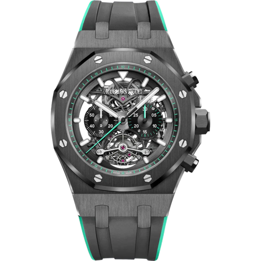 Royal Oak Tourbillon Chronograph Openworked 44MM Two-Tone Black and Green Rubber Strap Openworked Satin-Brushed Black Dial Black Ceramic Case