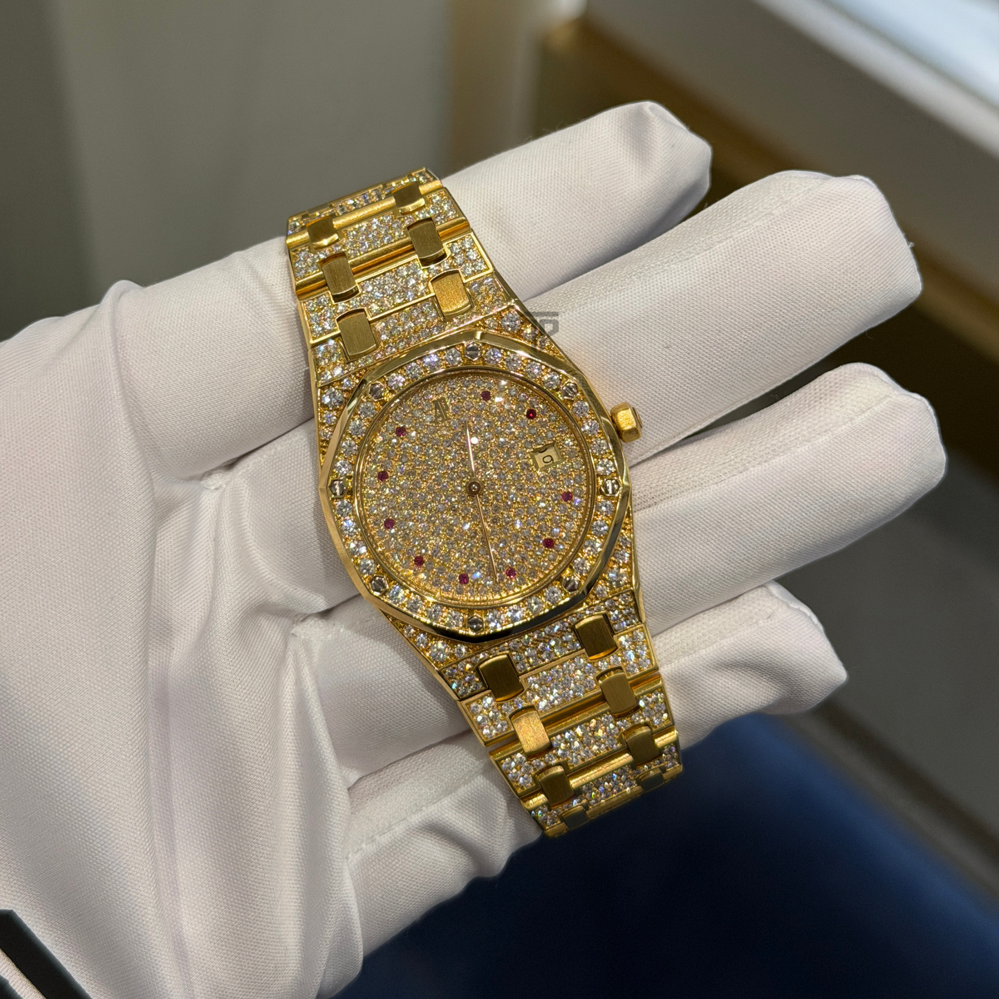 Audemars Piguet Ref. 56530BA 33MM Yellow Gold Royal Oak Full Pave Factory Set Ruby Markers (Watch + Service Papers)