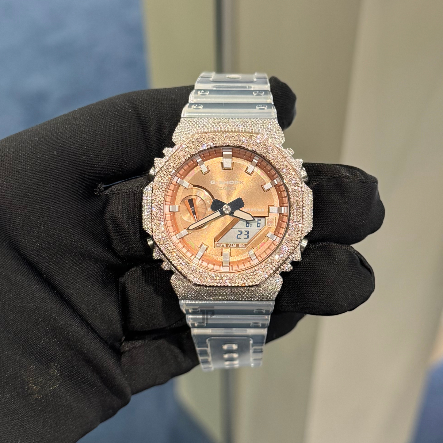Casio Iced out G Shock Analog White gold with Rose Bezel/ Dial