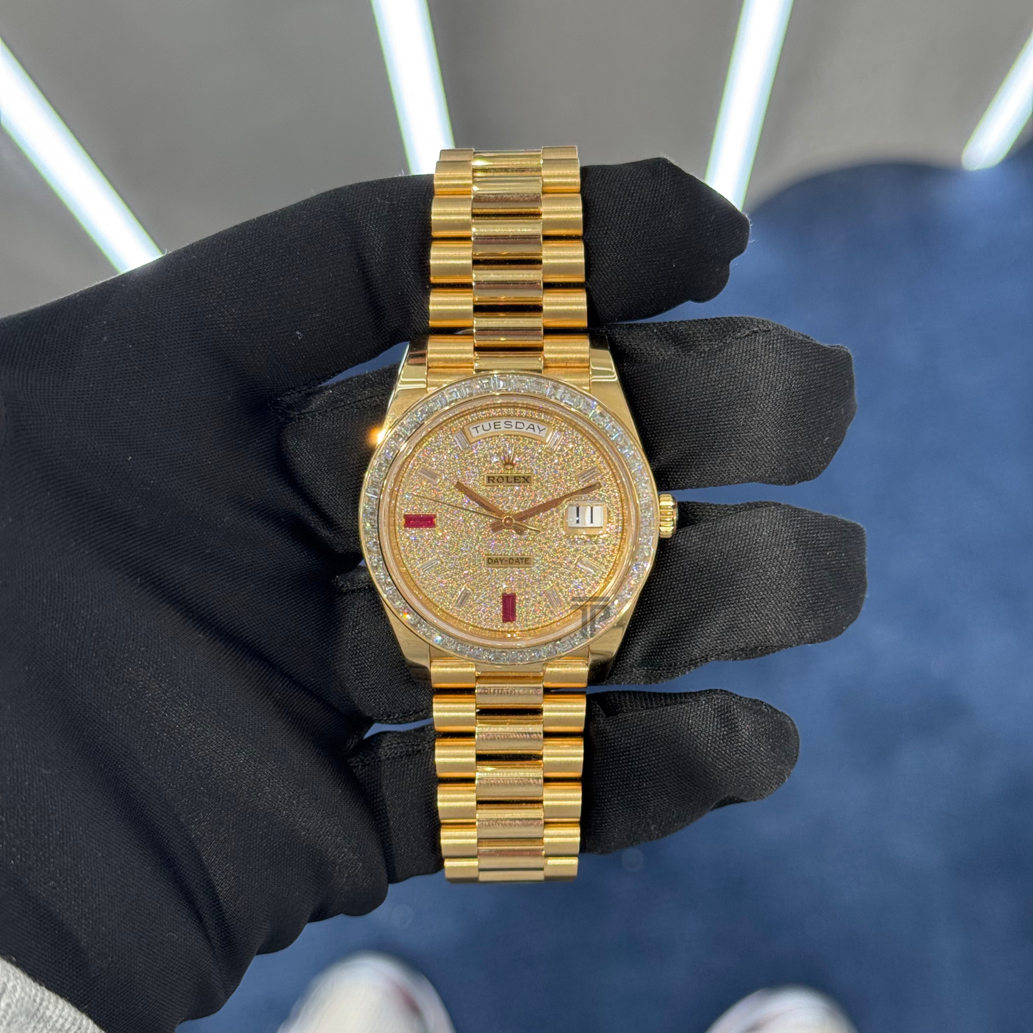 Rolex Day Date Ref. 228398TRBR Yellow Gold Pave Dial Ruby 69 Markers Baguette Bezel