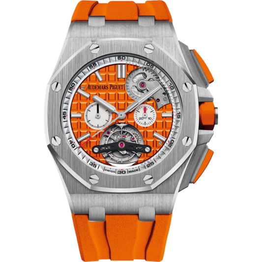 Royal Oak Offshore Tourbillon Chronograph Selfwinding 44MM Orange Rubber Strap Orange Dial With Méga Tapisserie Pattern Stainless Steel Case