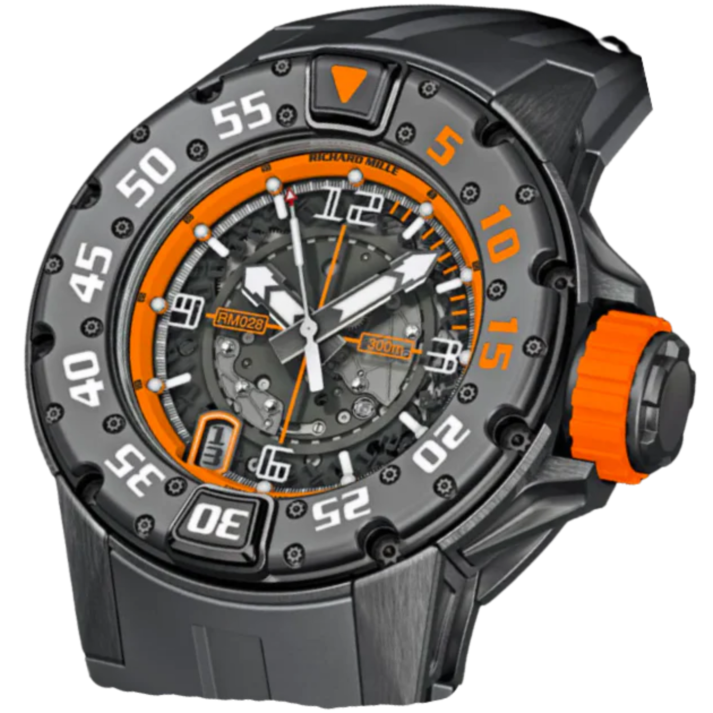 RM 028 Diver Orange Flash Black Rubber Divers Strap DLC-Treated Titanium Case