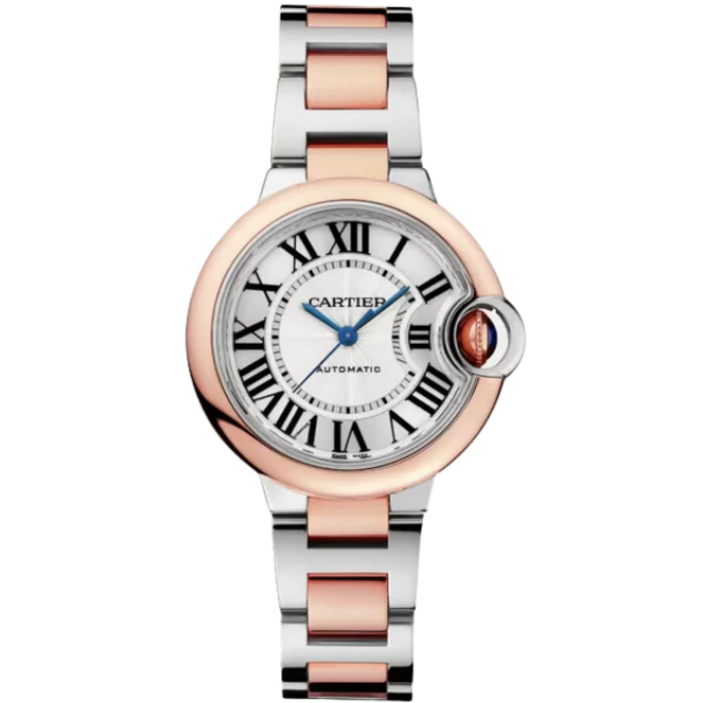 BALLON BLEU DE CARTIER 33 MM STAINLESS STEEL WITH ROSE GOLD BEZEL AND SILVER GUILLOCHE DIAL