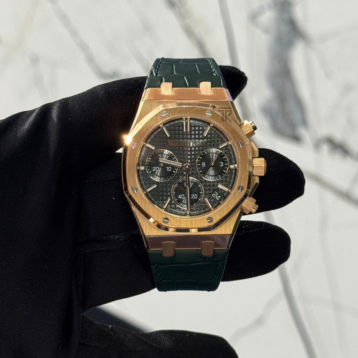 Audemars Piguet Royal Oak Ref. 26240OR.OO.D404CR.02 41mm Rose Gold Chronograph On Leather Green Dial
