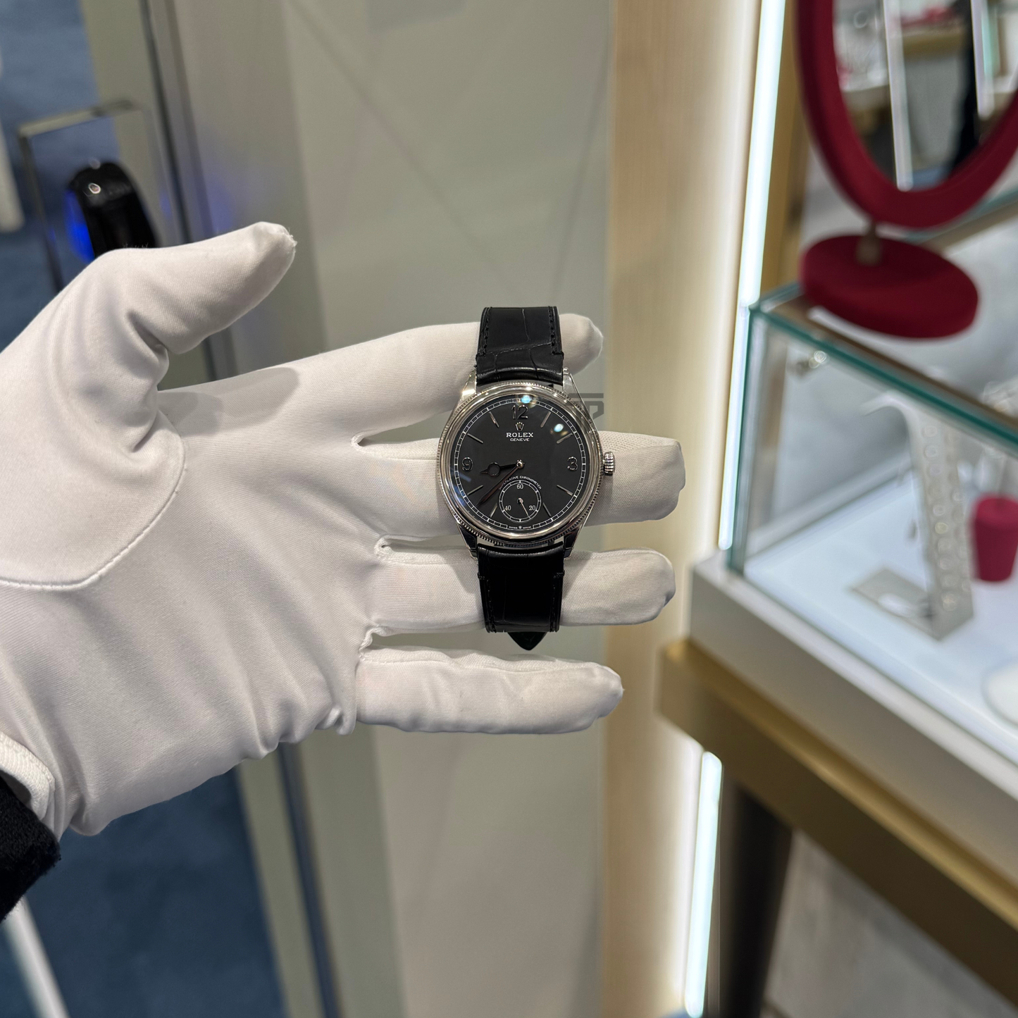 Rolex 1908 52509 White Gold 39mm Black Dial on Black Alligator Leather Strap