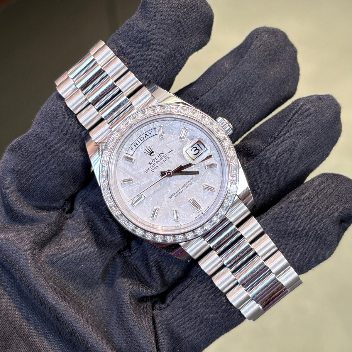 Rolex Day Date Ref. 228396TBR Platinum Meteorite Dial Baguette Bezel and Markers