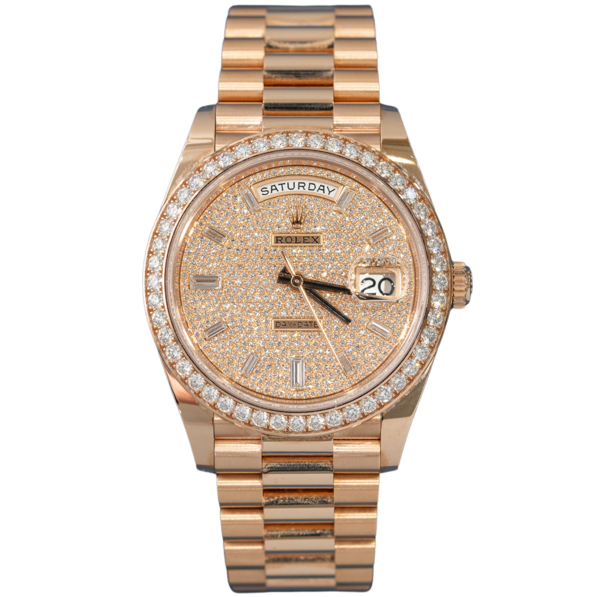 Rolex Day Date Ref. 228345RBR 40MM Rose Gold Pave Dial/Baguette Markers with Diamond Bezel