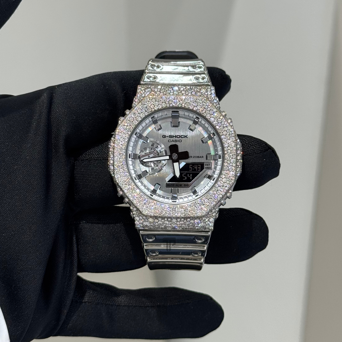 Casio Iced out G Shock Analog (White gold with Silver Dial and Strap)
