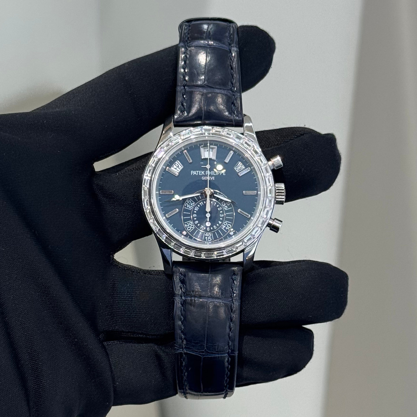 Patek Philippe Complications Ref. 5961P 40.5mm Platinum Blue Dial Annual Calendar with Baguette Bezel/Indices