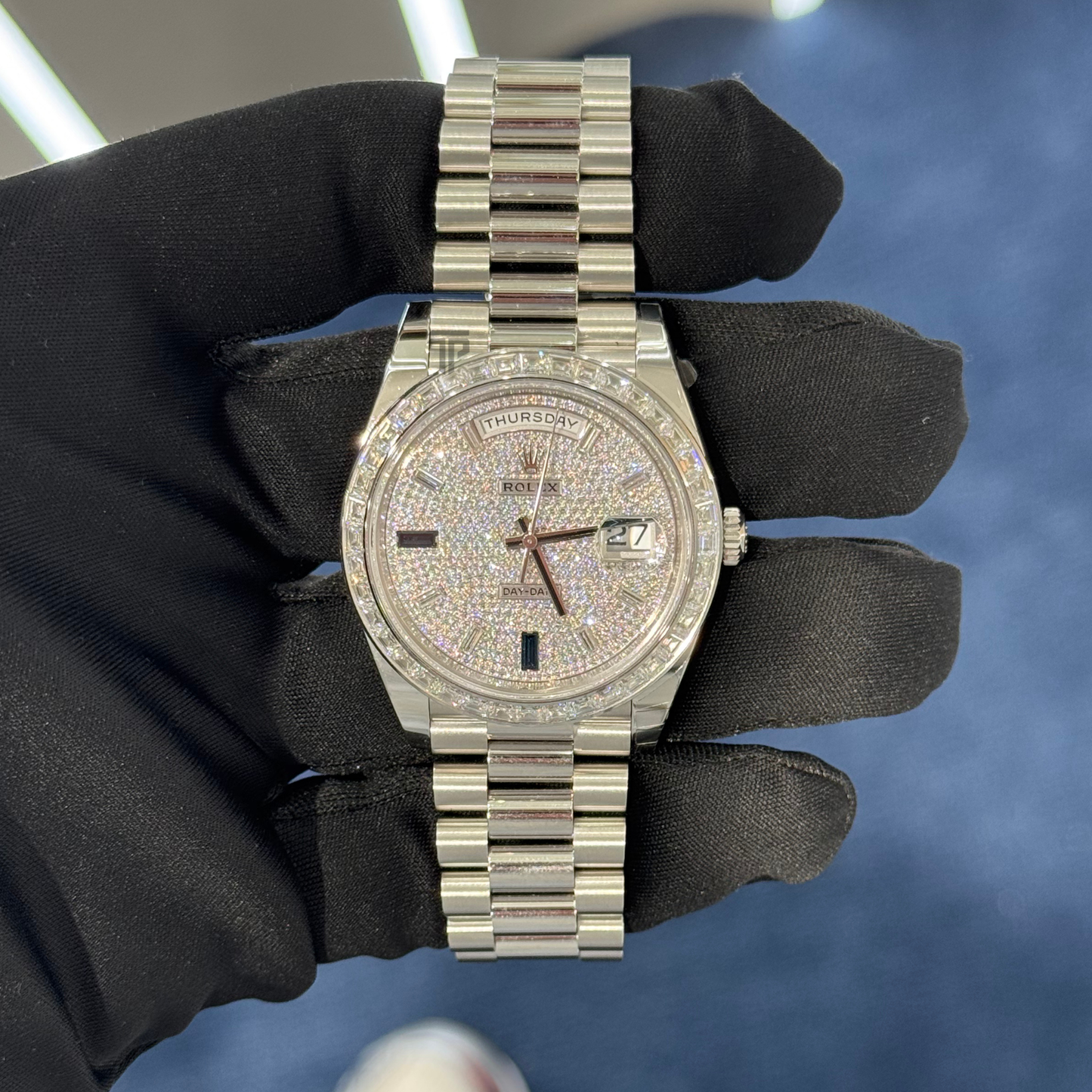 Rolex Day-date Ref. 228396TBR Platinum Pave Set Sapphire Market Dial Baguette Bezel