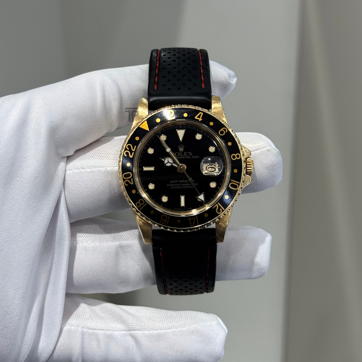 Rolex GMT Master Ref. 16758 Yellow Gold on Strap