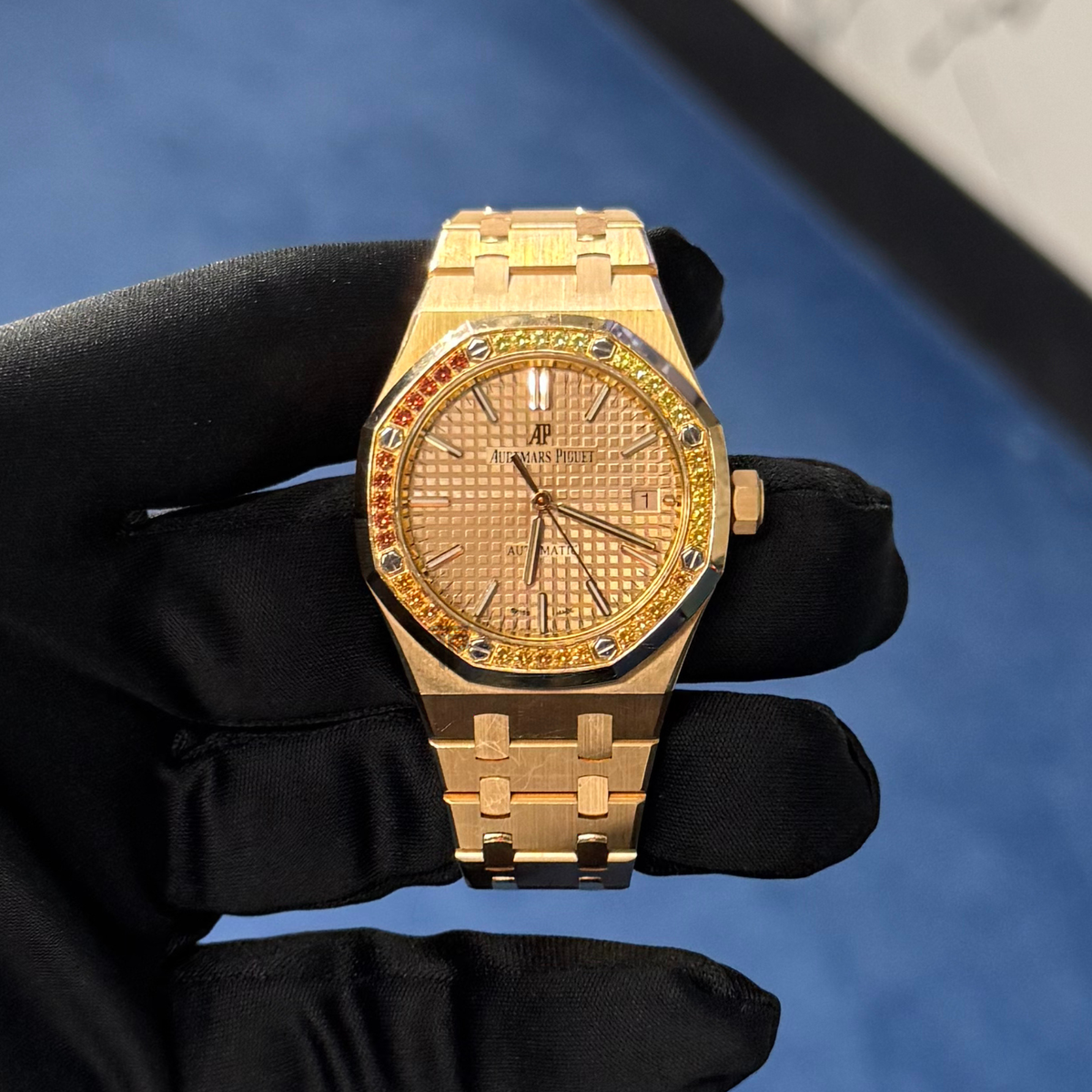 Audemars Piguet Royal Oak Ref. 15451OR.YY.1256OR.01 37MM Rose Gold Champagne Dial with Gemset Orange Sapphire Gradient Bezel