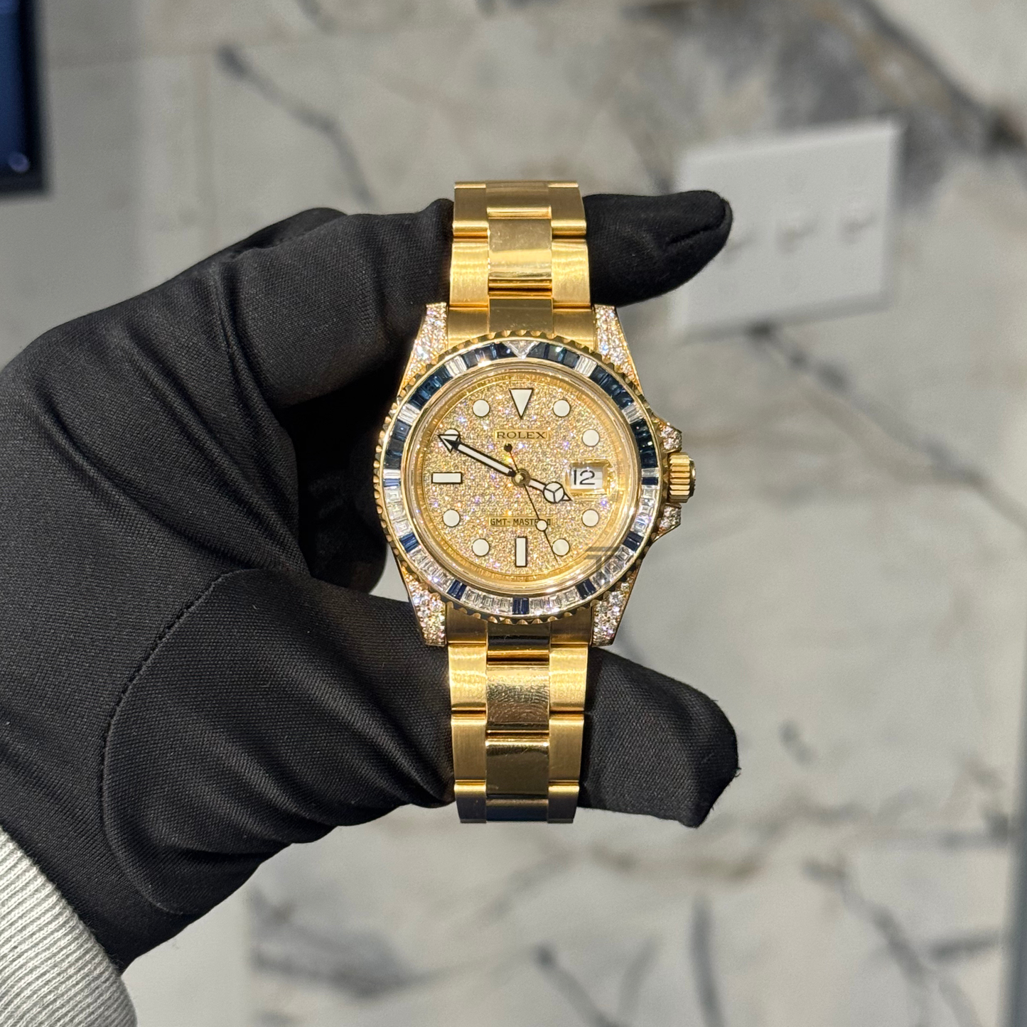 Rolex GMT Master Ref. 116758SA Yellow Gold Pave Dial/Sapphire and Baguette Bezel