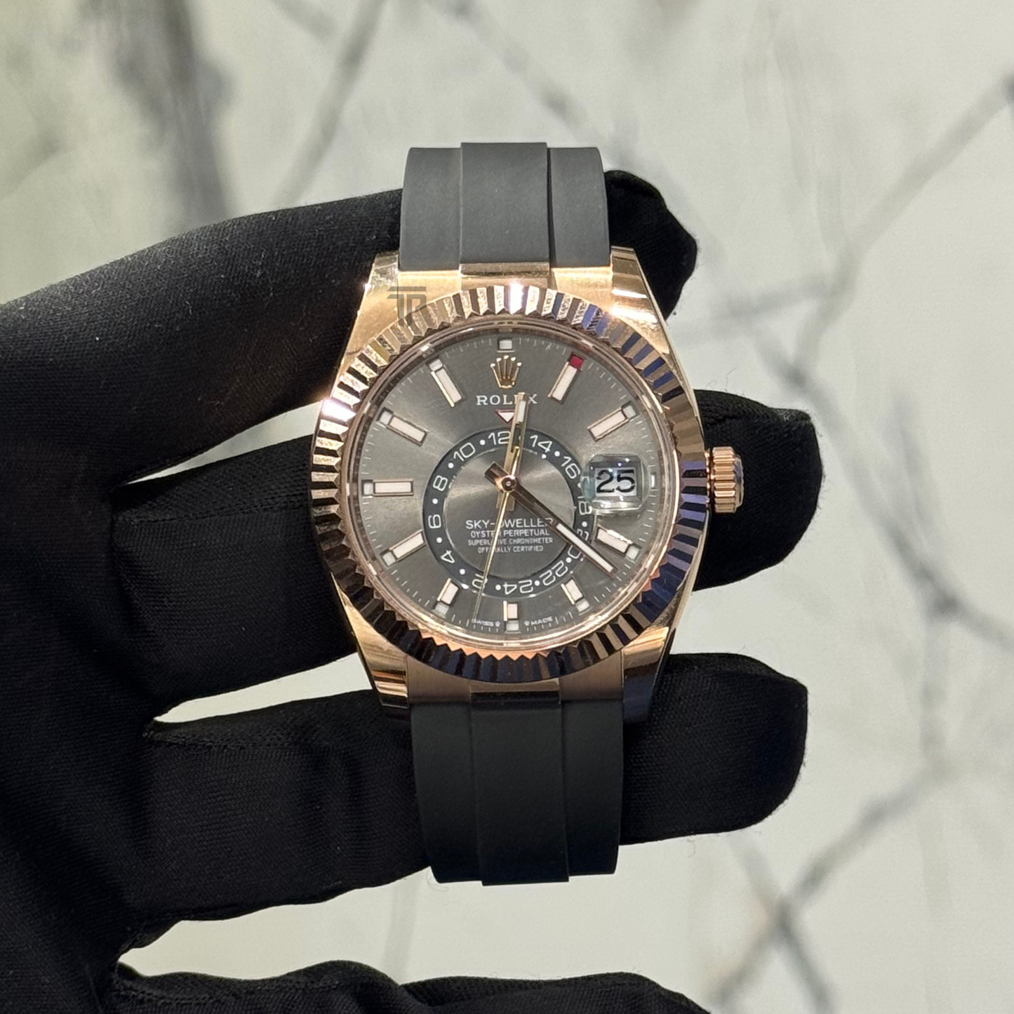Rolex Skydweller Ref. 336235 42mm Slate Dial Rose Gold on Oysterflex