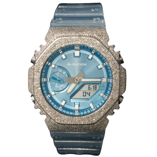 Iced out G Shock Analog White gold with Ice Blue Dial