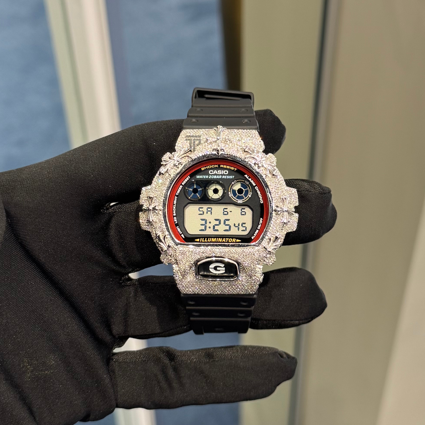 Casio Iced out G Shock Digital White gold with Black/Red dial (Crosses on Bezel CH Style)