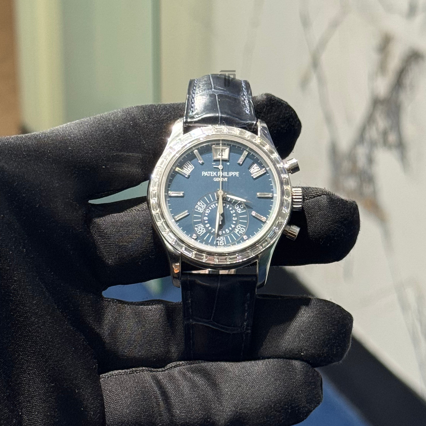 Patek Philippe Complications Ref. 5961P 40.5mm Platinum Blue Dial Annual Calendar with Baguette Bezel/Indices