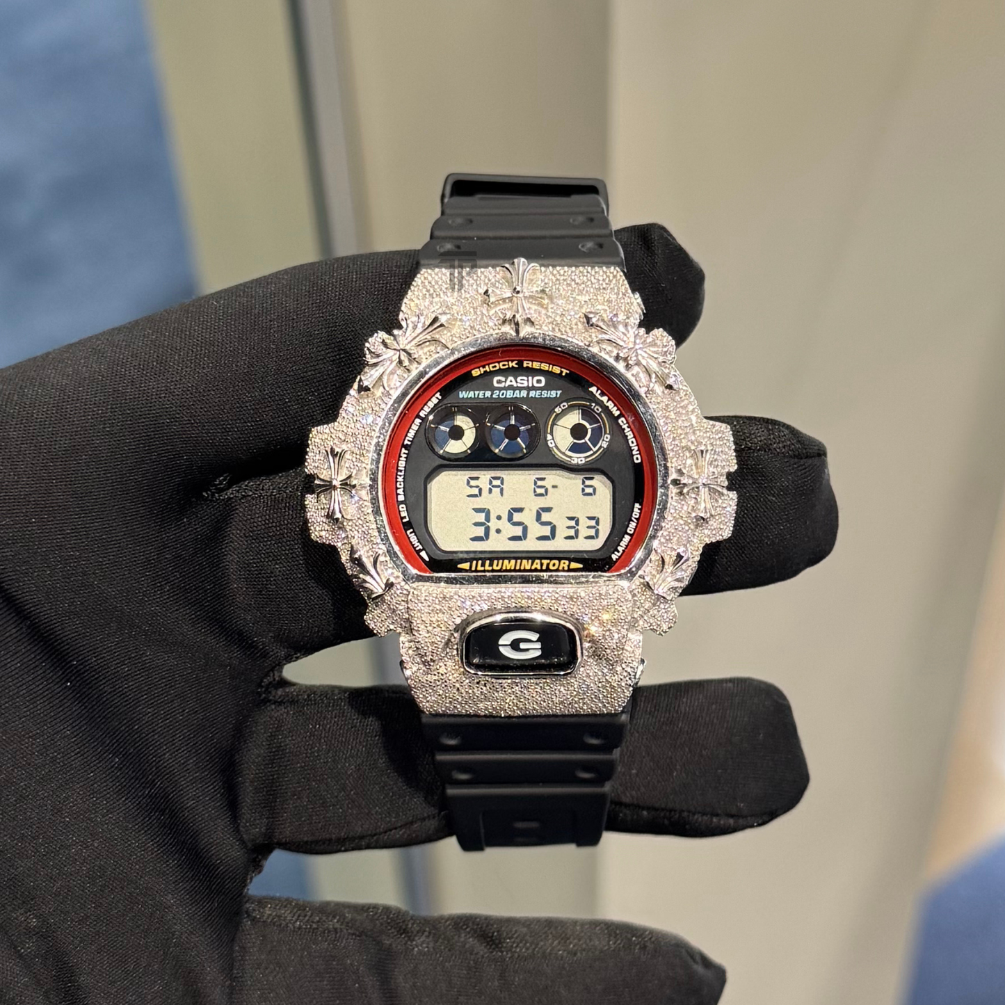 Casio Iced out G Shock Digital White gold with Black/Red dial (Crosses on Bezel CH Style)