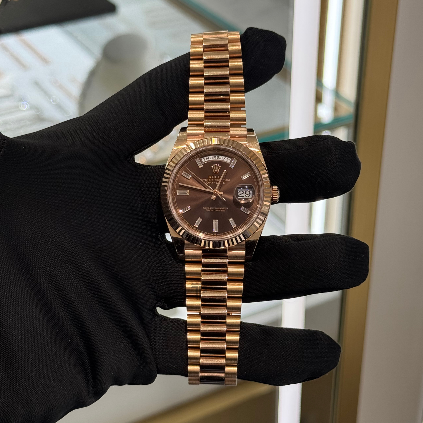 Rolex Day Date Ref. 228235 40MM Rose Gold Chocolate Dial with Baguette Markers